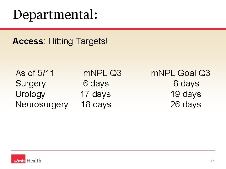 Departmental: Access: Hitting Targets! As of 5/11 Surgery Urology Neurosurgery m. NPL Q 3