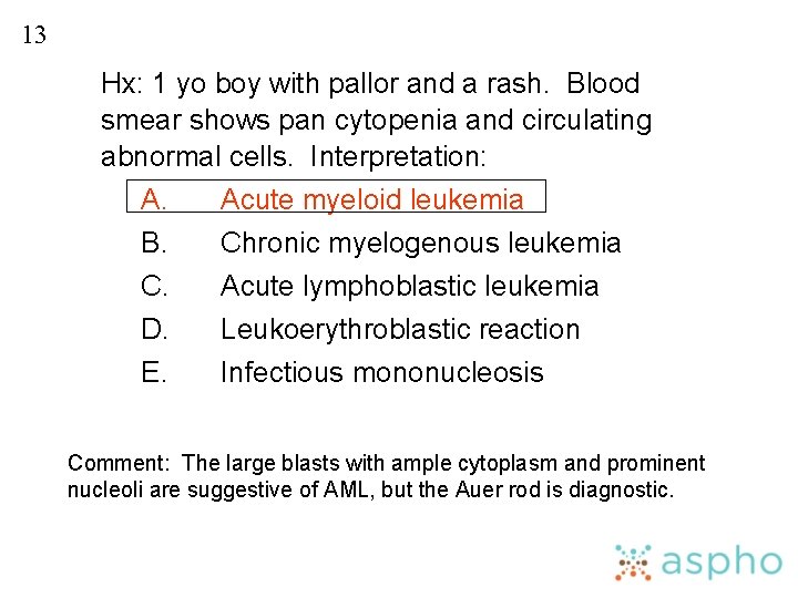 13 Hx: 1 yo boy with pallor and a rash. Blood smear shows pan