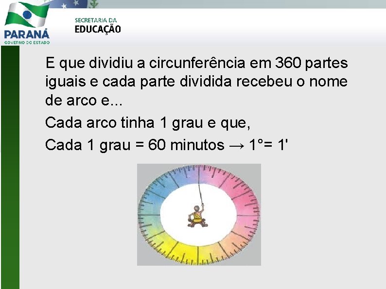 E que dividiu a circunferência em 360 partes iguais e cada parte dividida recebeu