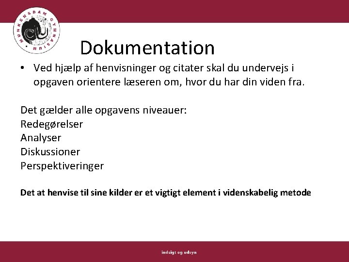 Dokumentation • Ved hjælp af henvisninger og citater skal du undervejs i opgaven orientere