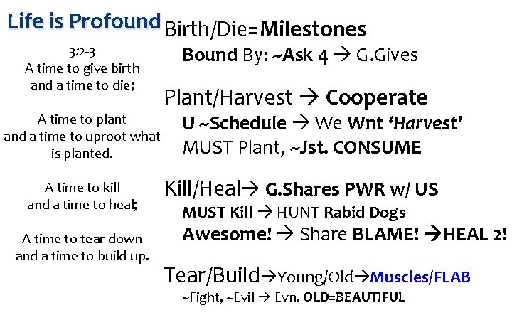 Life is Profound Birth/Die=Milestones 3: 2 -3 A time to give birth and a