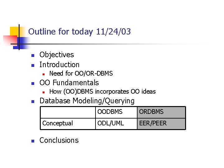 Outline for today 11/24/03 n n Objectives Introduction n n OO Fundamentals n n Outline for today 11/24/03 n n Objectives Introduction n n OO Fundamentals n n