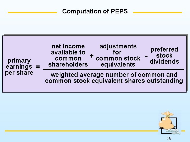 Computation of PEPS primary earnings = per share net income adjustments preferred available to