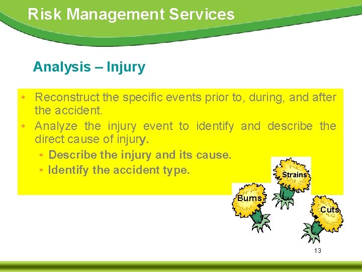 Risk Management Services Analysis – Injury • Reconstruct the specific events prior to, during,