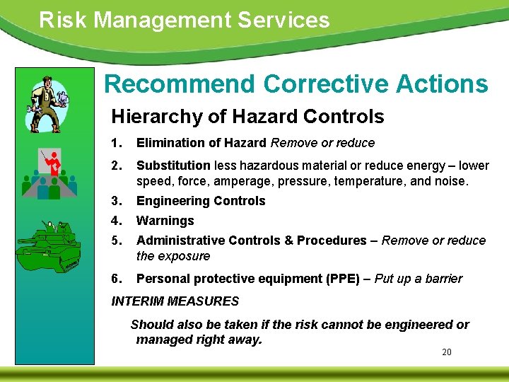 Risk Management Services Recommend Corrective Actions Hierarchy of Hazard Controls 1. Elimination of Hazard
