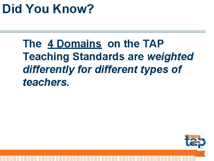 Did You Know? The 4 Domains on the TAP Teaching Standards are weighted differently