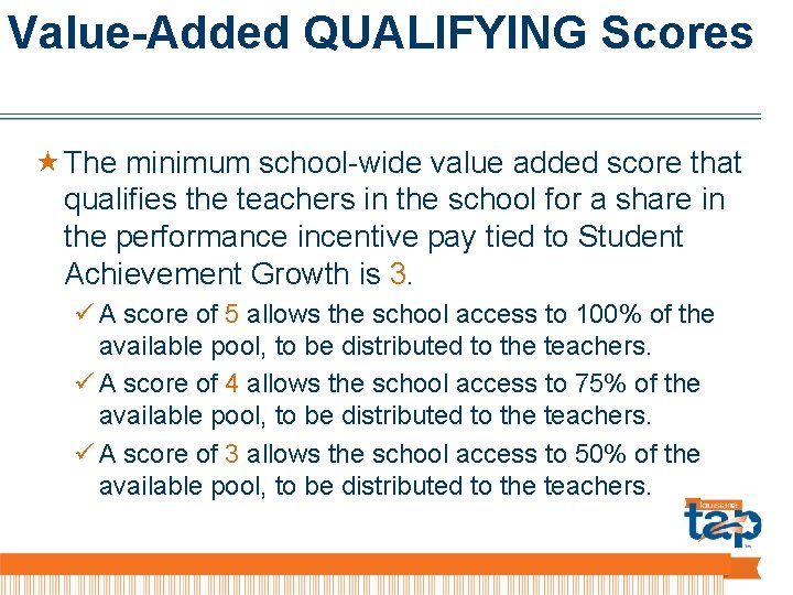 Value-Added QUALIFYING Scores The minimum school-wide value added score that qualifies the teachers in