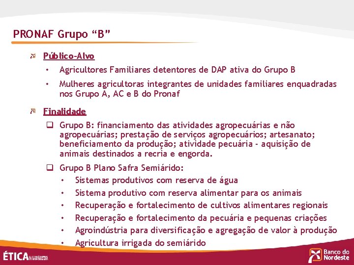 PRONAF Grupo “B” Público-Alvo • Agricultores Familiares detentores de DAP ativa do Grupo B