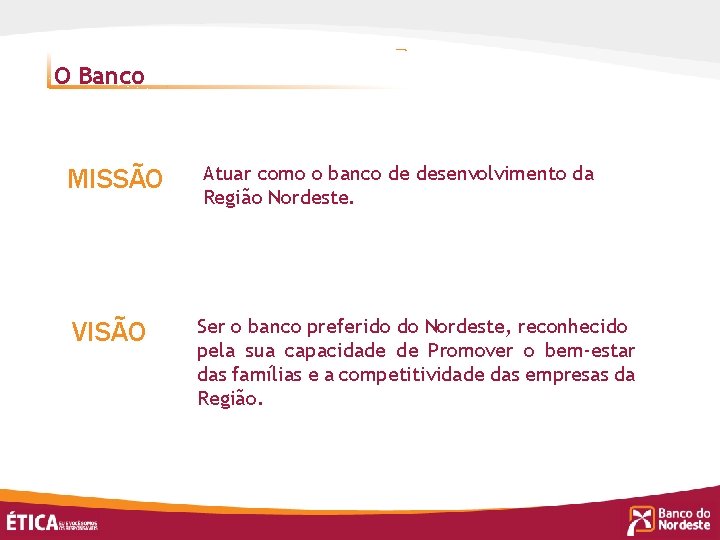 O Banco MISSÃO Atuar como o banco de desenvolvimento da Região Nordeste. VISÃO Ser