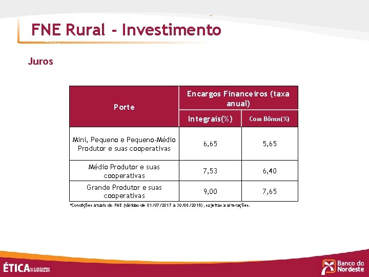 FNE Rural - Investimento Juros Porte Encargos Financeiros (taxa anual) Integrais(%) Com Bônus(%) Mini,