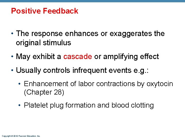 Positive Feedback • The response enhances or exaggerates the original stimulus • May exhibit