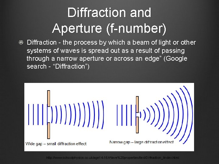 Diffraction and Aperture (f-number) Diffraction - the process by which a beam of light