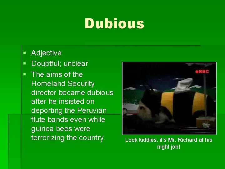 Dubious § § § Adjective Doubtful; unclear The aims of the Homeland Security director