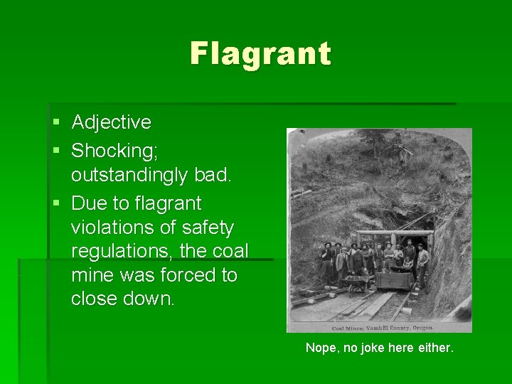 Flagrant § Adjective § Shocking; outstandingly bad. § Due to flagrant violations of safety