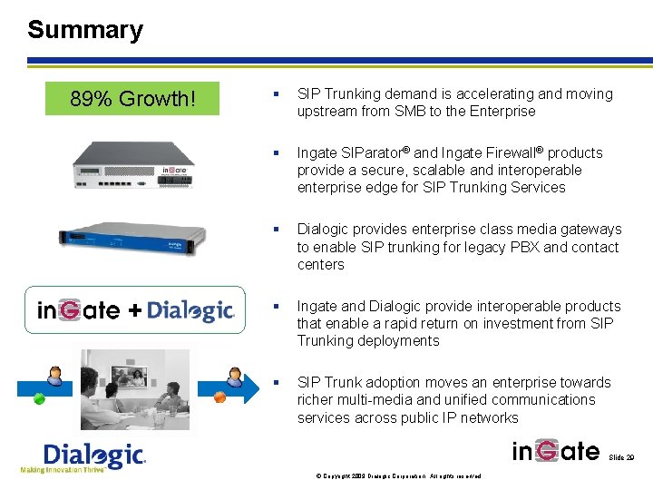 Summary 89% Growth! + § SIP Trunking demand is accelerating and moving upstream from