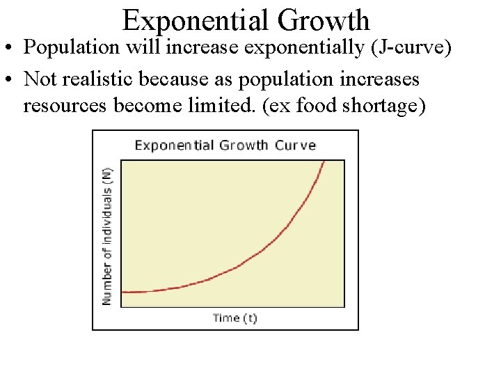 Exponential Growth • Population will increase exponentially (J-curve) • Not realistic because as population