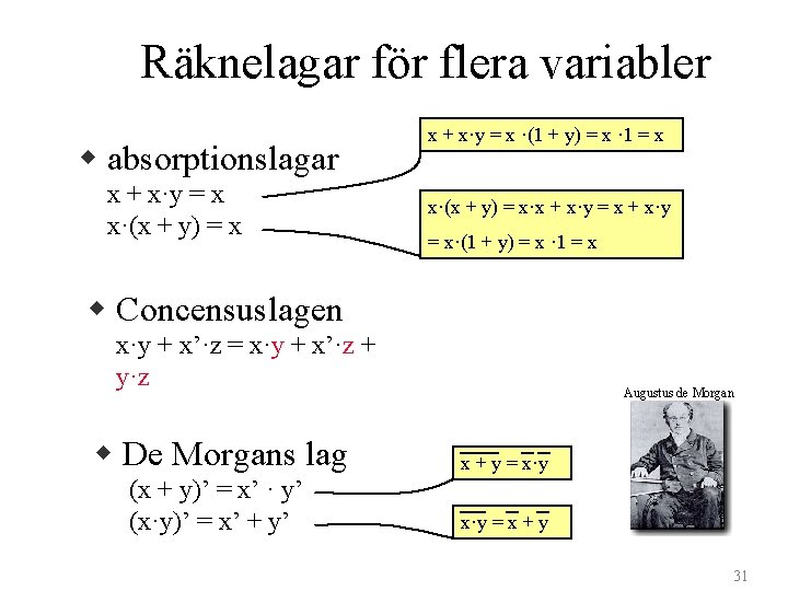 Räknelagar för flera variabler w absorptionslagar x + x·y = x x·(x + y)