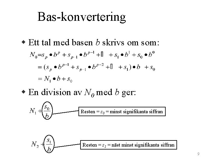 Bas-konvertering w Ett tal med basen b skrivs om som: w En division av