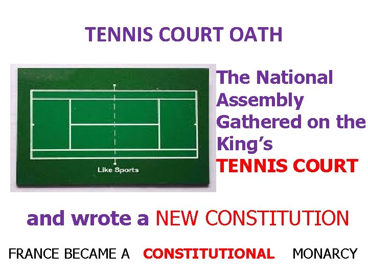 TENNIS COURT OATH The National Assembly Gathered on the King’s TENNIS COURT and wrote