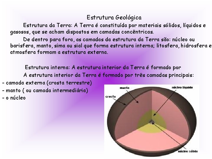 Estrutura Geológica Estrutura da Terra: A Terra é constituída por materiais sólidos, líquidos e