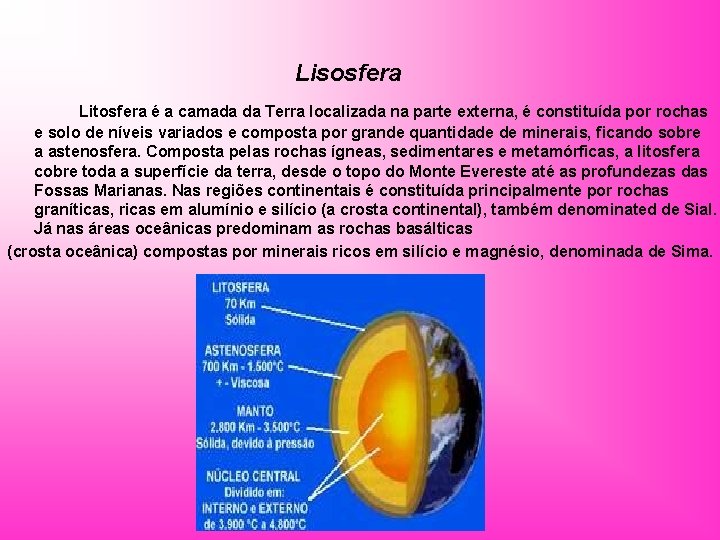 Lisosfera Litosfera é a camada da Terra localizada na parte externa, é constituída por