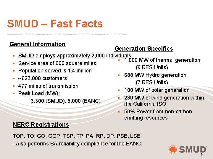 SMUD – Fast Facts General Information Generation Specifics § SMUD employs approximately 2, 000
