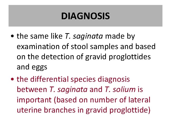DIAGNOSIS • the same like T. saginata made by examination of stool samples and DIAGNOSIS • the same like T. saginata made by examination of stool samples and