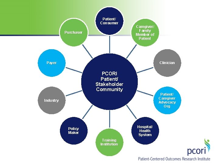 Patient/ Consumer Purchaser Caregiver/ Family Member of Patient Payer Clinician PCORI Patient/ Stakeholder Community