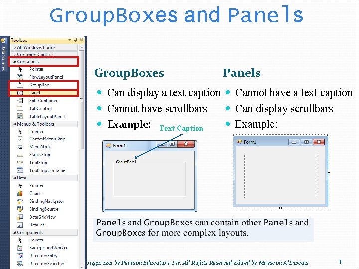 Group. Boxes and Panels Group. Boxes Panels Can display a text caption Cannot have