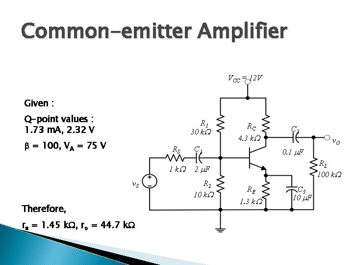 Common-emitter Amplifier VCC = 12 V Given : Q-point values : 1. 73 m.