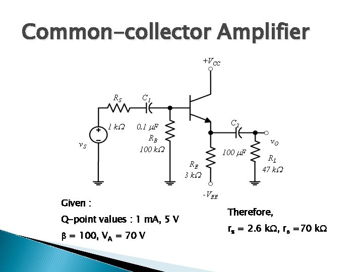 Common-collector Amplifier +VCC RS 1 k v. S C 1 C 2 0. 1