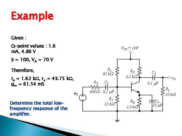 Example Given : Q-point values : 1. 6 m. A, 4. 86 V VCC