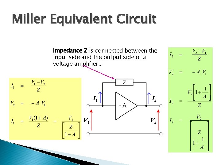 Miller Equivalent Circuit Impedance Z is connected between the input side and the output