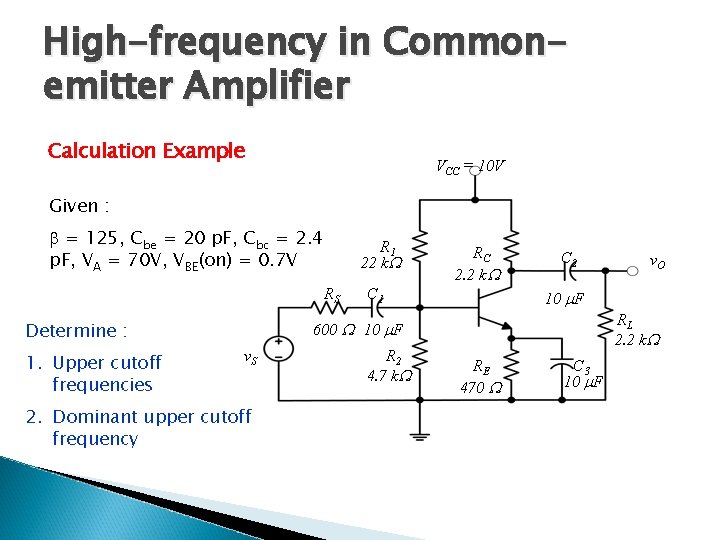 High-frequency in Commonemitter Amplifier Calculation Example VCC = 10 V Given : = 125,