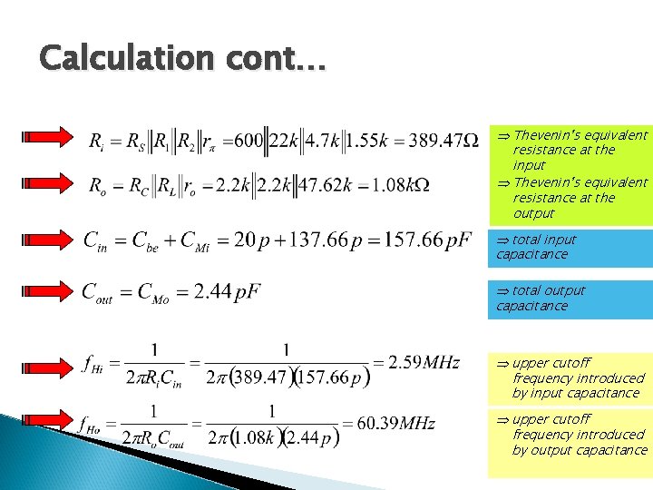 Calculation cont… Thevenin’s equivalent resistance at the input Thevenin’s equivalent resistance at the output