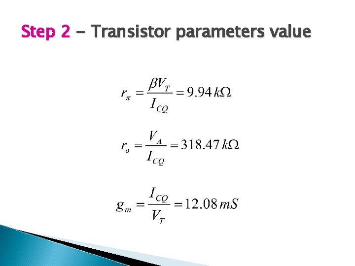 Step 2 - Transistor parameters value 