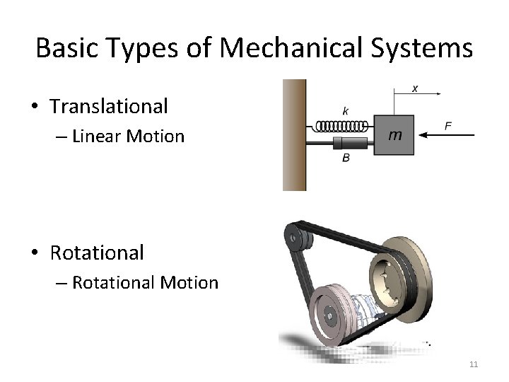 Basic Types of Mechanical Systems • Translational – Linear Motion • Rotational – Rotational