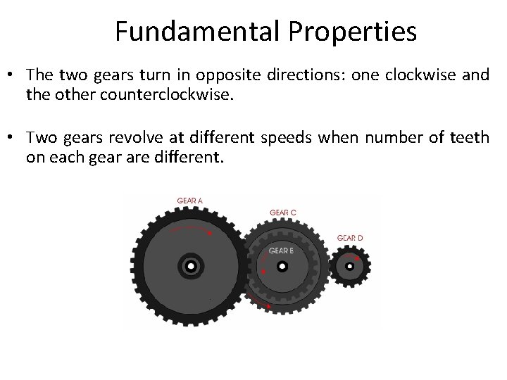 Fundamental Properties • The two gears turn in opposite directions: one clockwise and the Fundamental Properties • The two gears turn in opposite directions: one clockwise and the