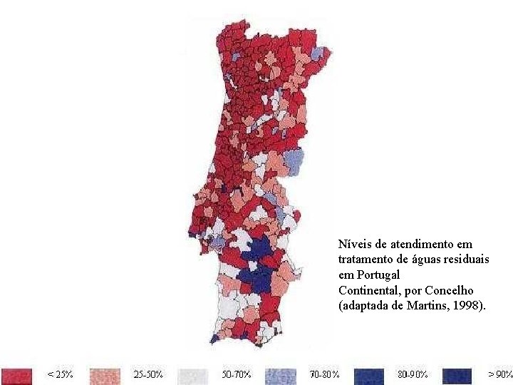 Níveis de atendimento em tratamento de águas residuais em Portugal Continental, por Concelho (adaptada