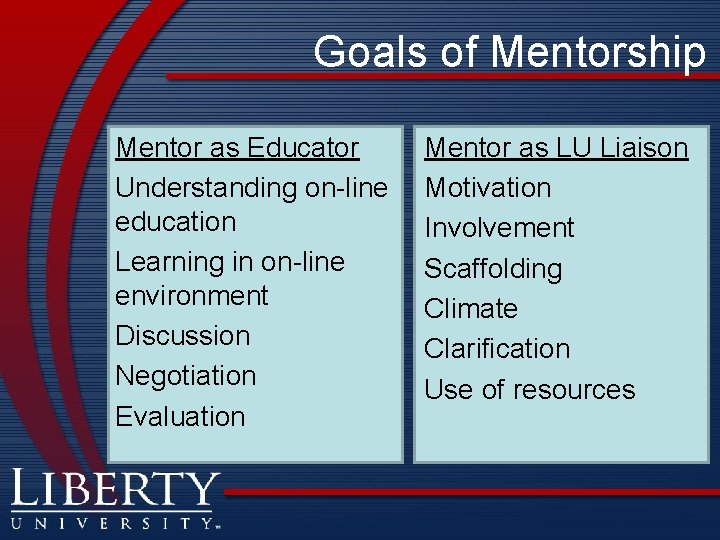 Goals of Mentorship Mentor as Educator Understanding on-line education Learning in on-line environment Discussion