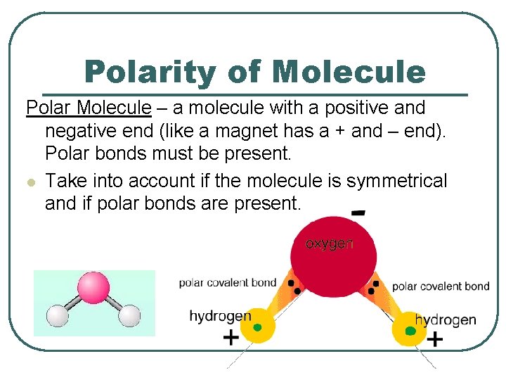 Polarity of Molecule Polar Molecule – a molecule with a positive and negative end