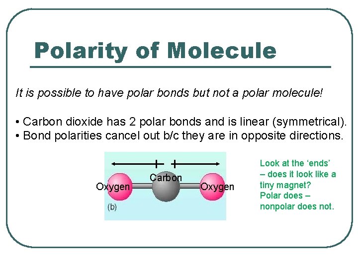 Polarity of Molecule It is possible to have polar bonds but not a polar