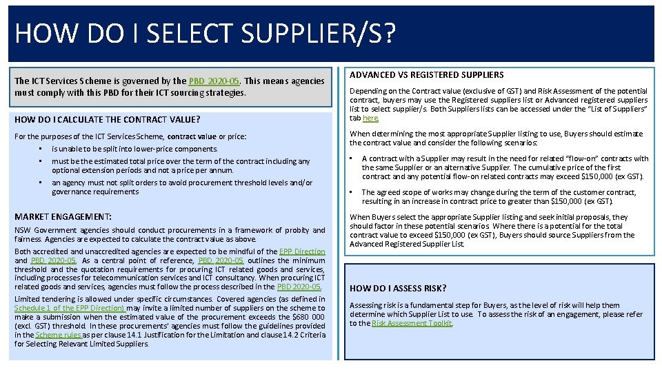 HOW DO I SELECT SUPPLIER/S? The ICT Services Scheme is governed by the PBD