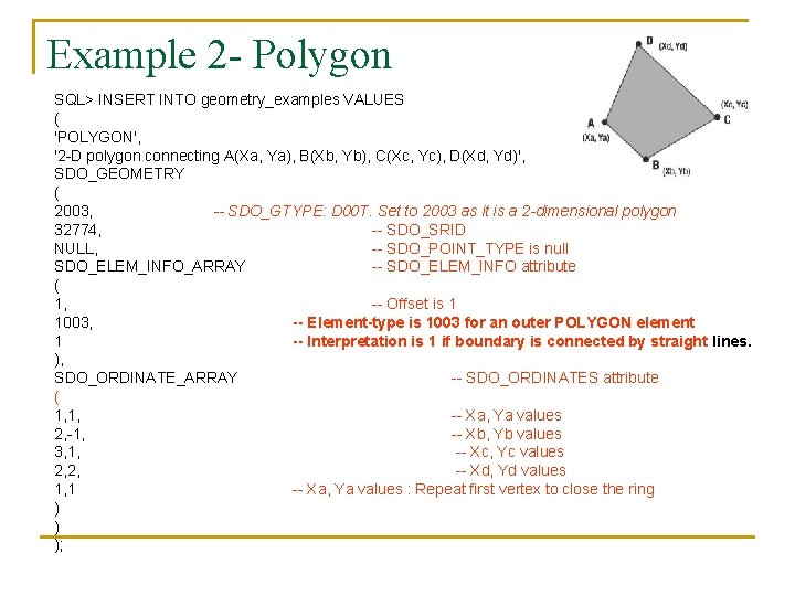 Example 2 - Polygon SQL> INSERT INTO geometry_examples VALUES ( 'POLYGON', '2 -D polygon
