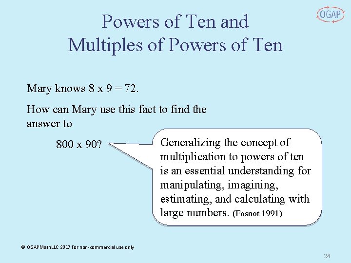 Powers of Ten and Multiples of Powers of Ten Mary knows 8 x 9