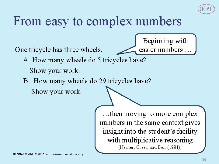 From easy to complex numbers Beginning with easier numbers … One tricycle has three