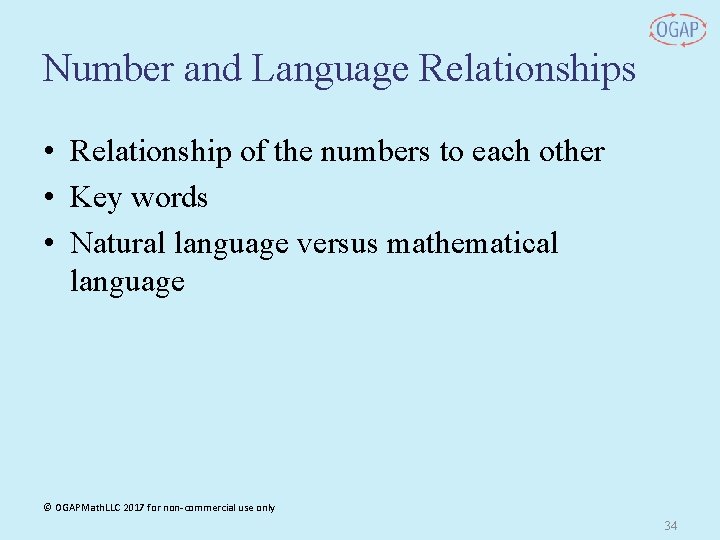 Number and Language Relationships • Relationship of the numbers to each other • Key