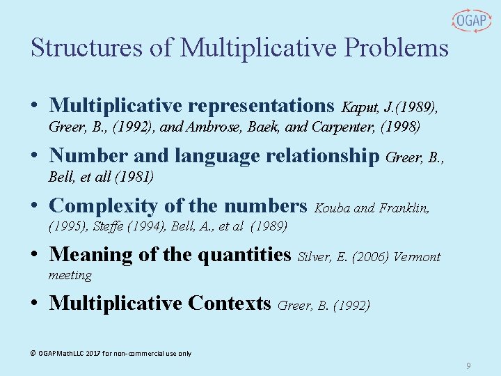 Structures of Multiplicative Problems • Multiplicative representations Kaput, J. (1989), Greer, B. , (1992),