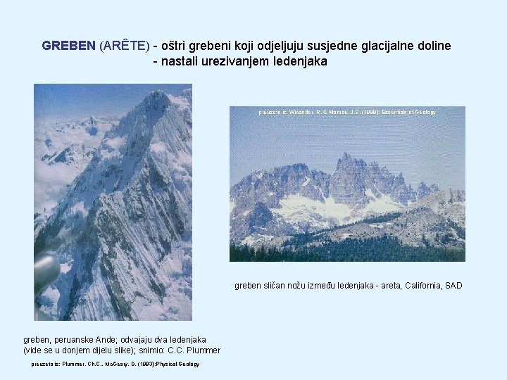 GREBEN (ARÊTE) - oštri grebeni koji odjeljuju susjedne glacijalne doline - nastali urezivanjem ledenjaka