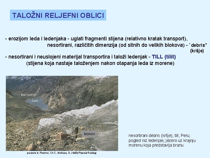 TALOŽNI RELJEFNI OBLICI - erozijom leda i ledenjaka - uglati fragmenti stijena (relativno kratak